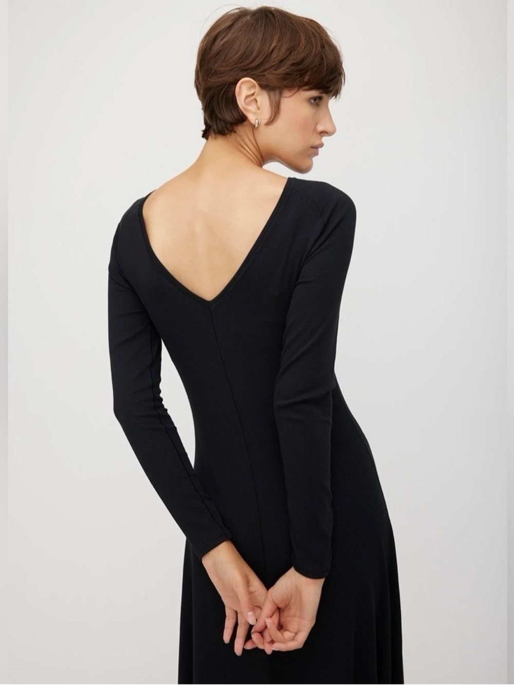 Kit and Ace Poise Ribbed V Back Long Sleeve Black Midi Dress Size Large